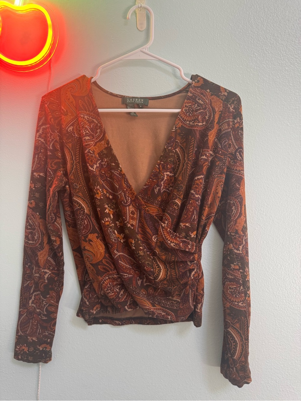 Lauren Ralph Lauren Burnt Orange Paisley Faux-Wrap Long Sleeve Top